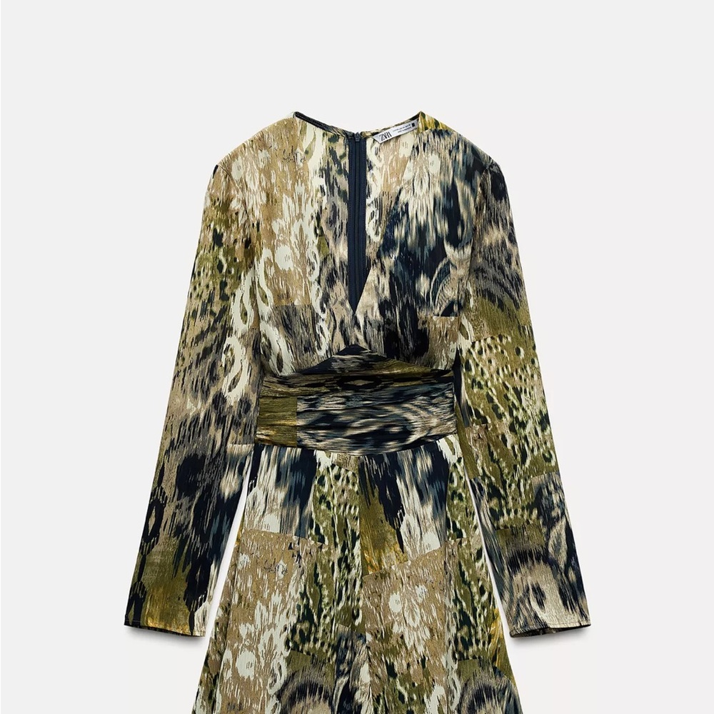 Zara Olive and Black Patterned Long Sleeve Dress